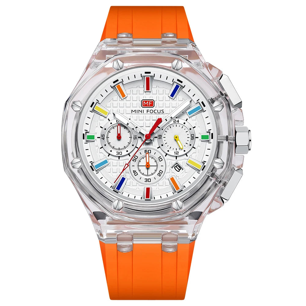 MINIFOCUS Trendy Mens Watch Ultra Lightweight Octagonal Transparent Case Multifunction Quartz Luminous Fashion Sport Watch