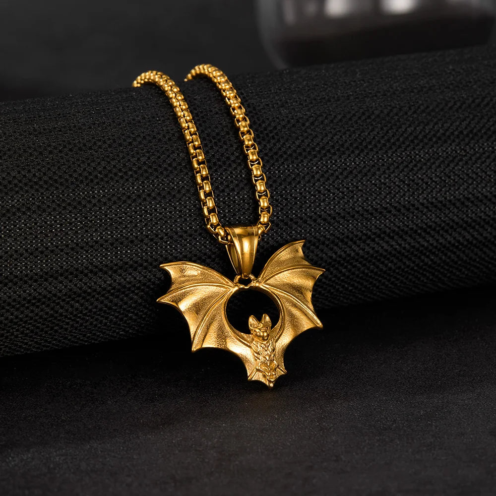 Men’s Bat Pendant Necklace – Gothic Punk Stainless Steel Chain with Creative Hip Hop Style