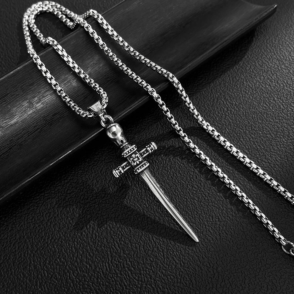 Men’s Skull Cross Sword Pendant Necklace – Retro Punk Stainless Steel Jewelry