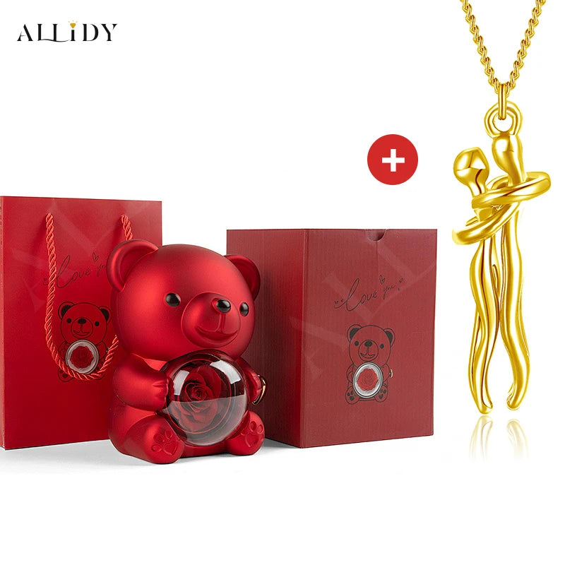 Hip Hop Embrace Couple Pendant Necklace Adjustable Hugging Pendant Necklace and Eternal Rose Bear Jewelry Box Valentine Day Gift