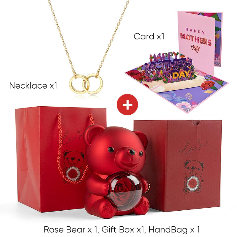 Mother's Day Gift Set Personalized Custom Necklace & Eternal Rose Teddy Bear and Beautiful Card Unique Jewelry Gift for Mom