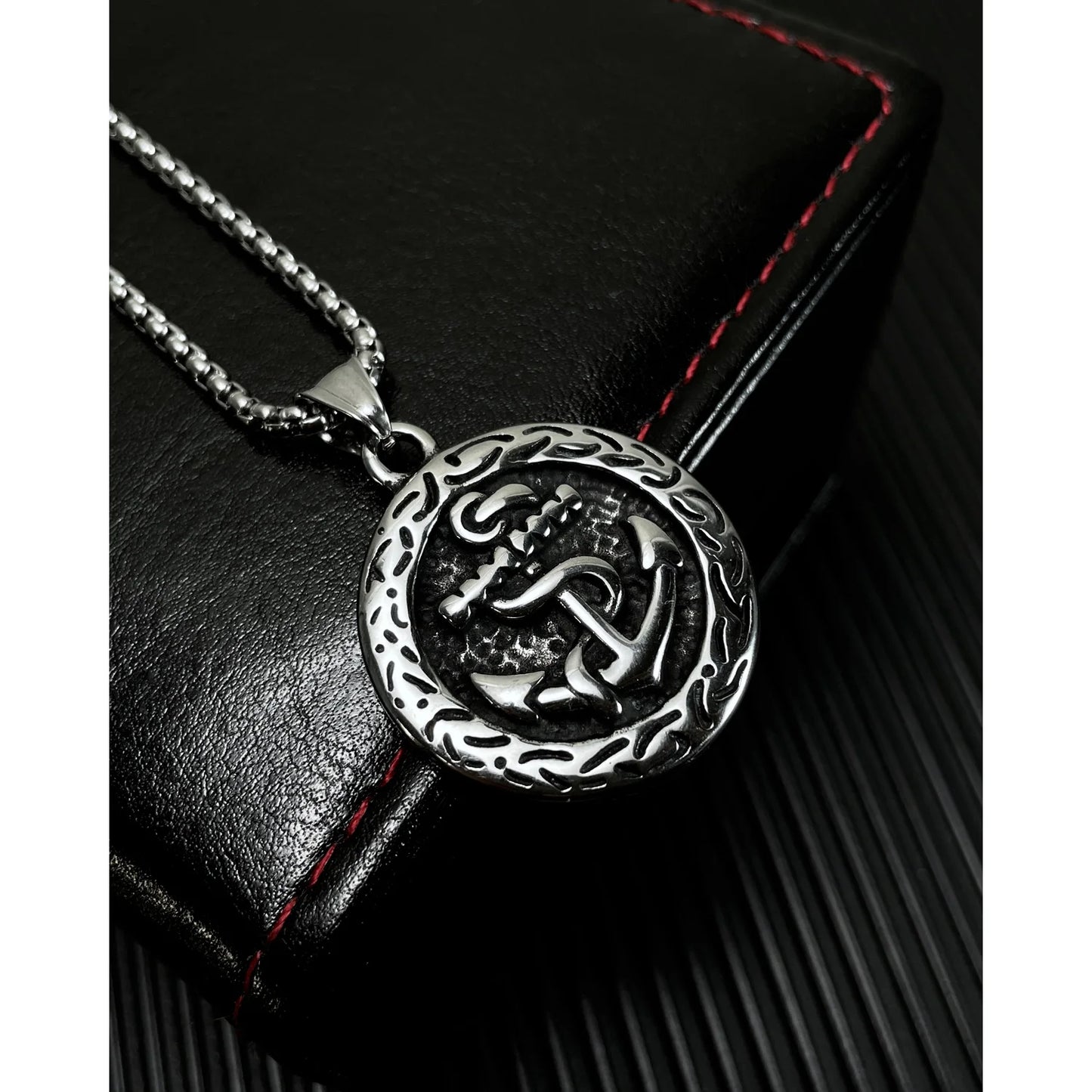 Men’s Anchor Pendant Necklace – Korean Hip Hop Style Stainless Steel Round Tag Jewelry