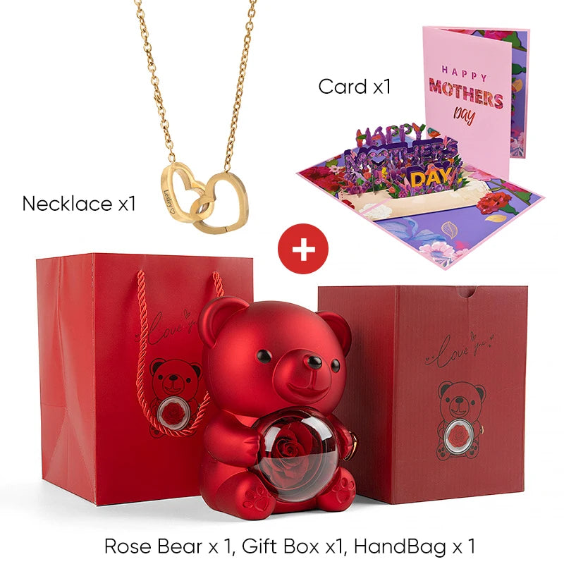 2025 New Beautiful 3D Mother's Day Card Roses Teddy Bear and Necklace Best Personalized Unique Mother’s Day Gifts for Mom