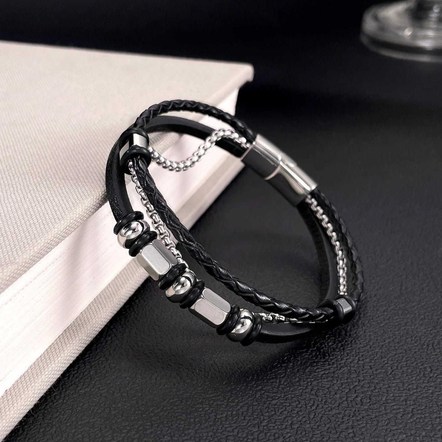 Men’s Creative Multi-Layer Leather Bracelet – Vintage Braided Wristband with Stainless Steel Chain Accents