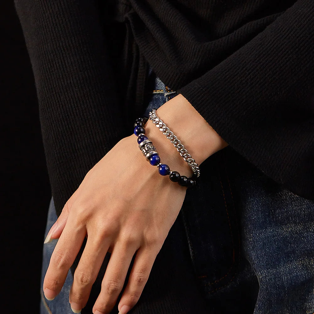 Men’s Double-Layer Cuban Chain Bracelet – Black Agate & Tiger Eye Beads, Stainless Steel Fashion Jewelry