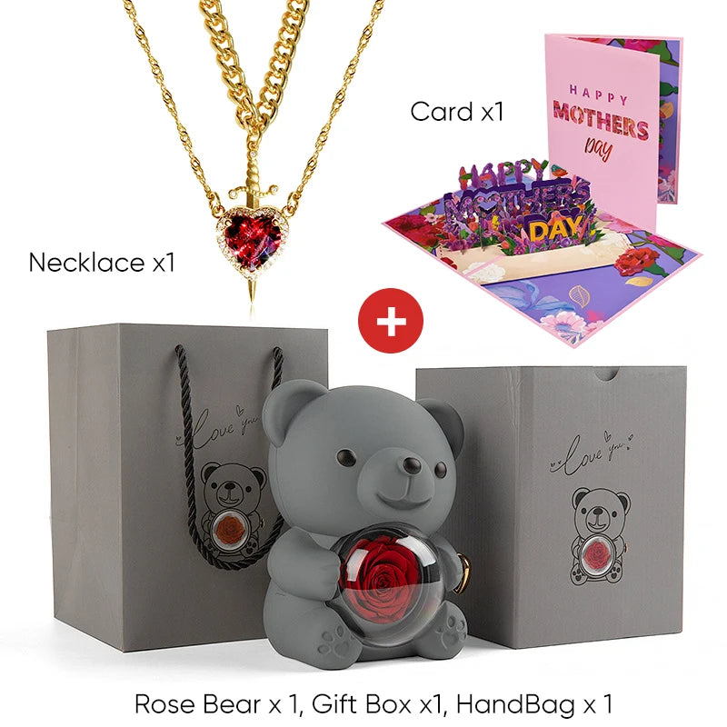 Mother's Day 3D Card Red Zircon Heart and Sword Necklace Double Necklace Real Rose Hug Bear Mothers Day Jewelry Gift Set for Mom