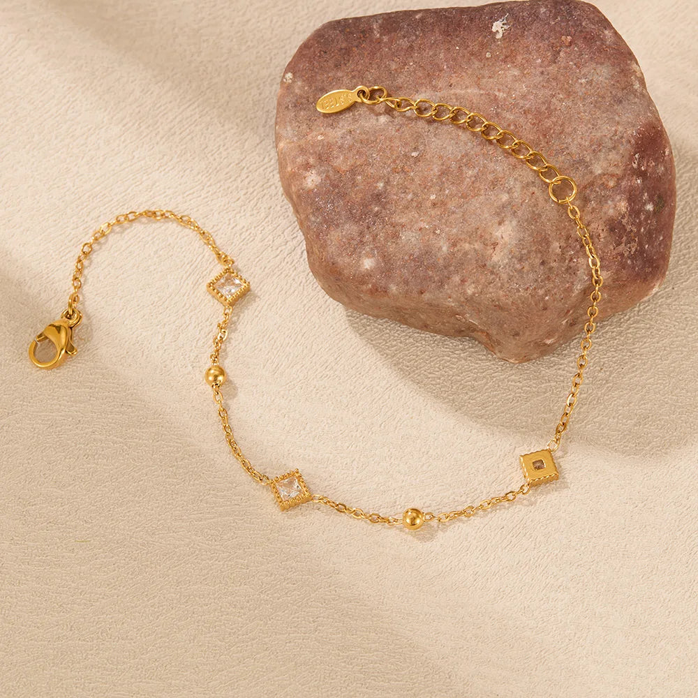 Geometric Square Zircon Bracelet for Women – Stainless Steel Commuter Style Chain with Small Beads