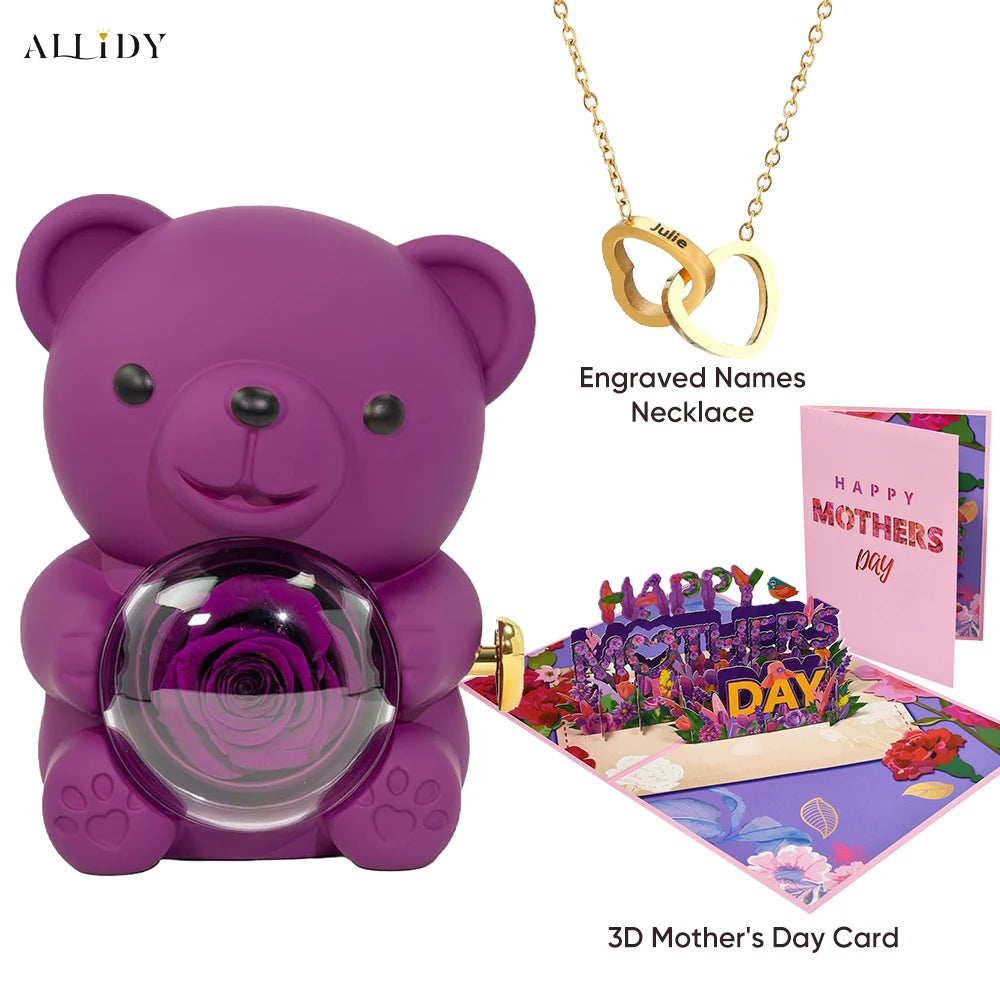 2025 New Beautiful 3D Mother's Day Card Roses Teddy Bear and Necklace Best Personalized Unique Mother’s Day Gifts for Mom