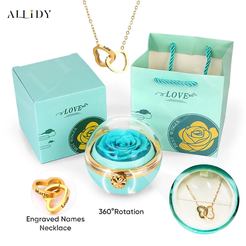 New Surprise Gift Idea Preserved Rose Round Ring or Necklace Jewelry Gift Box with Engraved Name Necklace for Girl Friend Mum