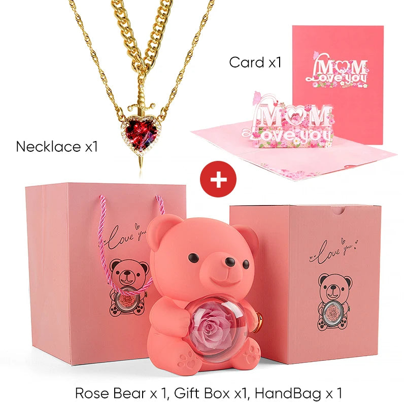 Mother's Day 3D Card Red Zircon Heart and Sword Necklace Double Necklace Real Rose Hug Bear Mothers Day Jewelry Gift Set for Mom