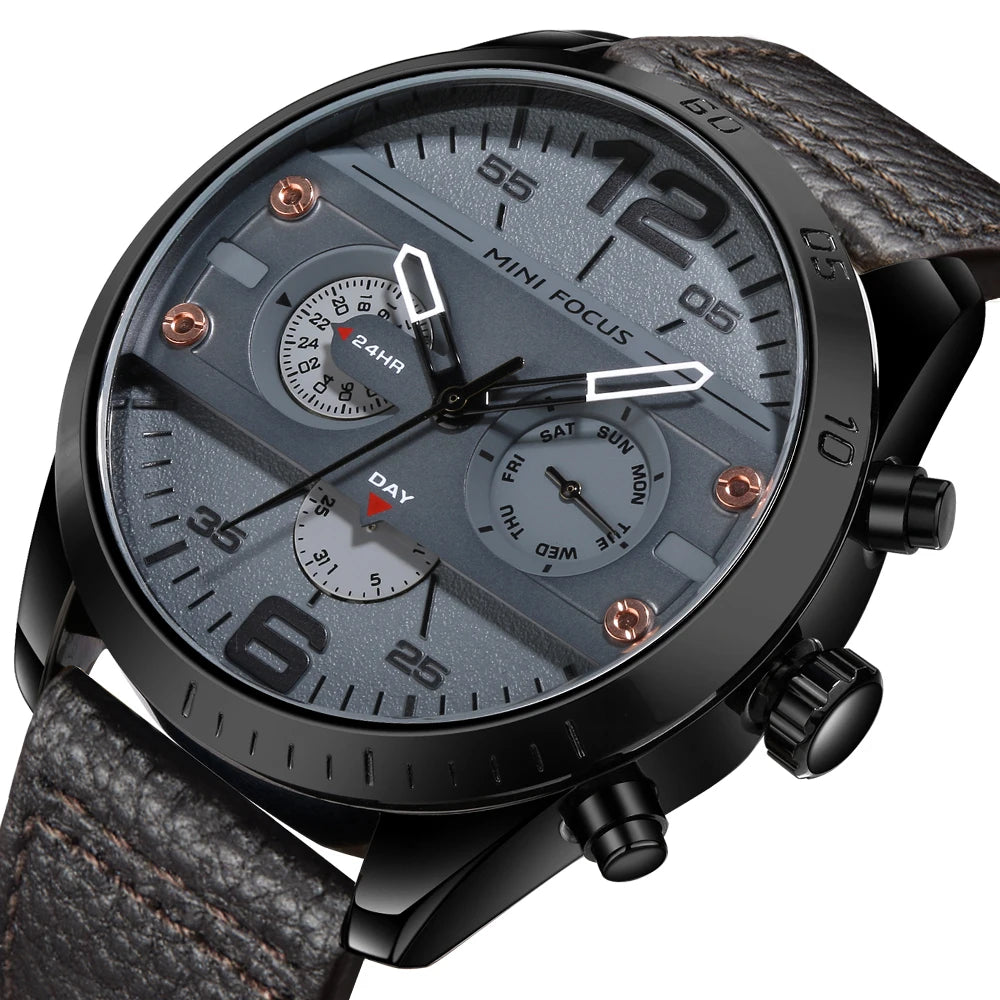 MINIFOCUS Men's Japanese Black Quartz Watch Multifunction Waterproof True Belt Trendy Casual Fashion Watch Gift for Men
