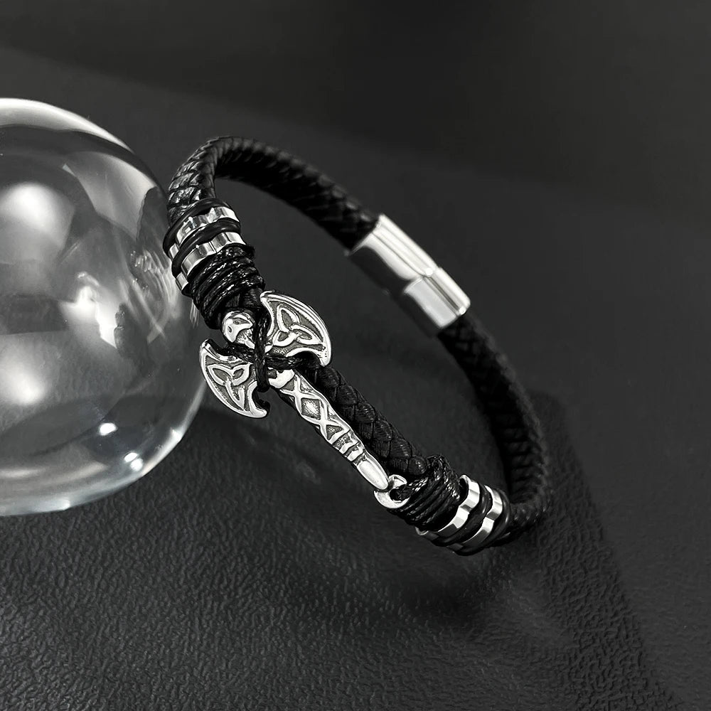 Men’s Axe Pendant Leather Bracelet – Braided Leather Wristband with Stainless & Titanium Steel, Bold Urban Style