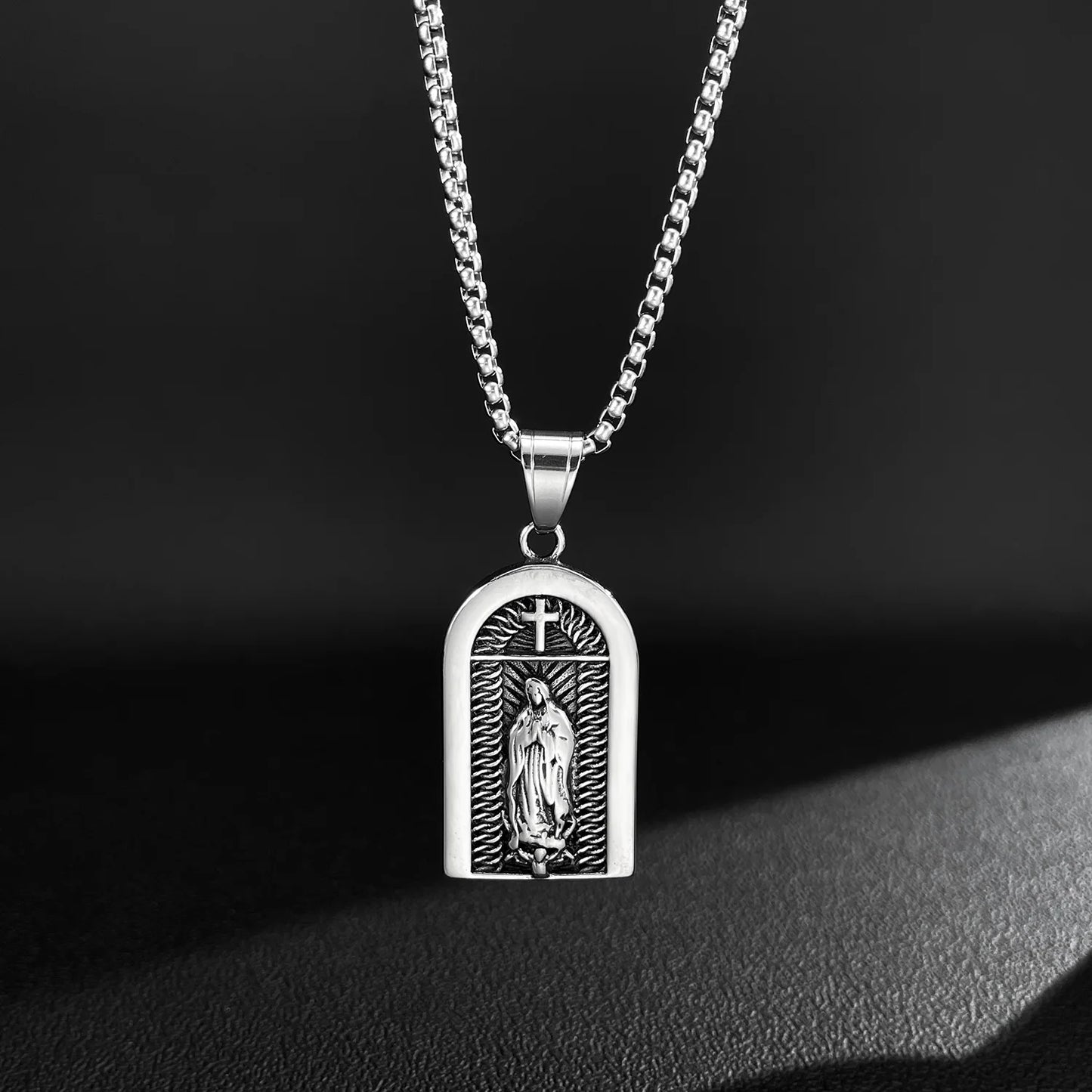 Men’s Retro Punk Cross & Geometric Block Pendant Necklace – Stainless Steel Titanium Hip Hop Jewelry