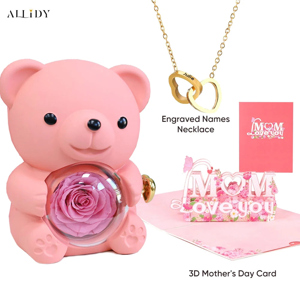 2025 New Beautiful 3D Mother's Day Card Roses Teddy Bear and Necklace Best Personalized Unique Mother’s Day Gifts for Mom