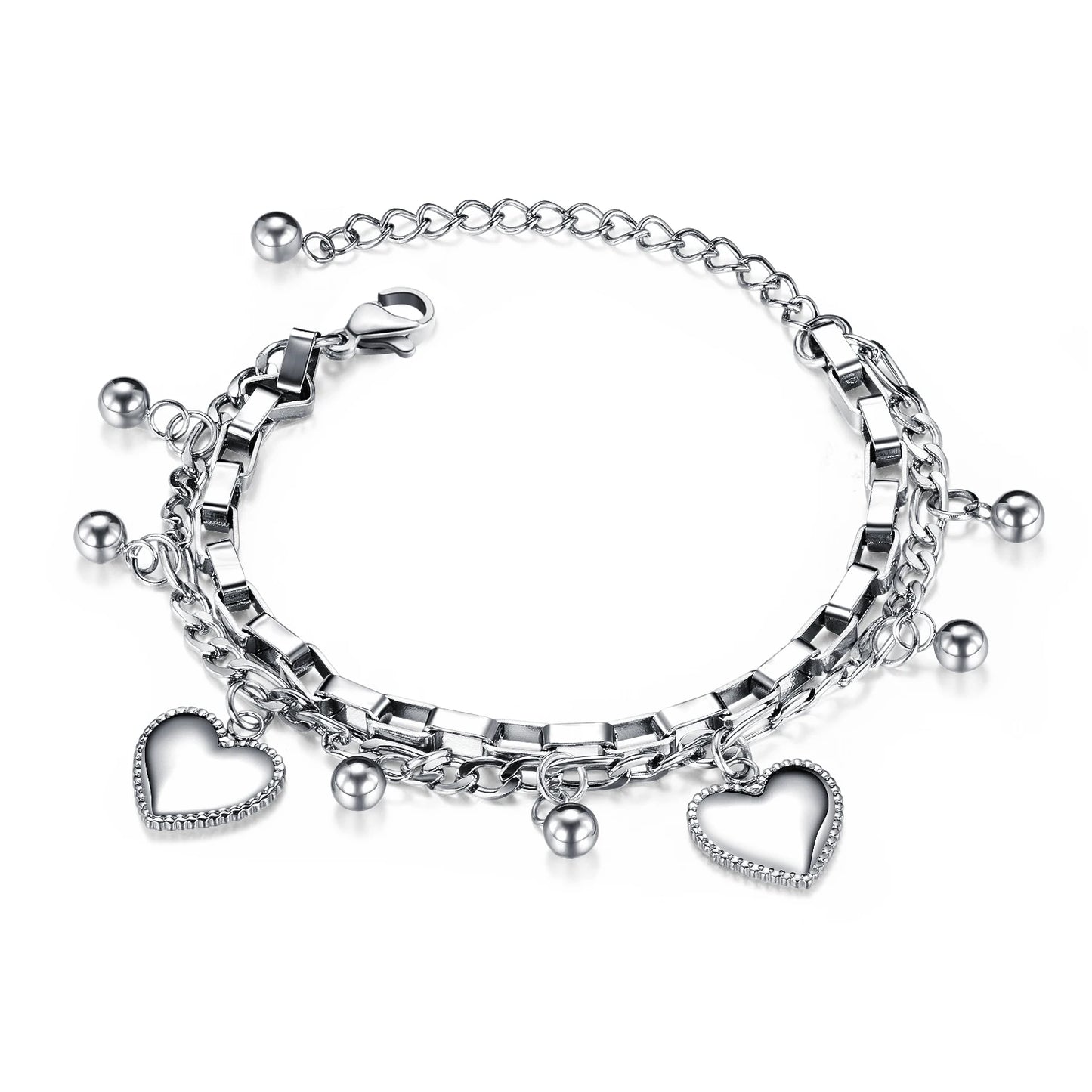 Trendy Layered Stainless Steel Bracelet for Women – Beaded Heart Titanium Steel Jewelry