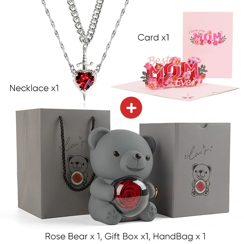 Mother's Day 3D Card Red Zircon Heart and Sword Necklace Double Necklace Real Rose Hug Bear Mothers Day Jewelry Gift Set for Mom