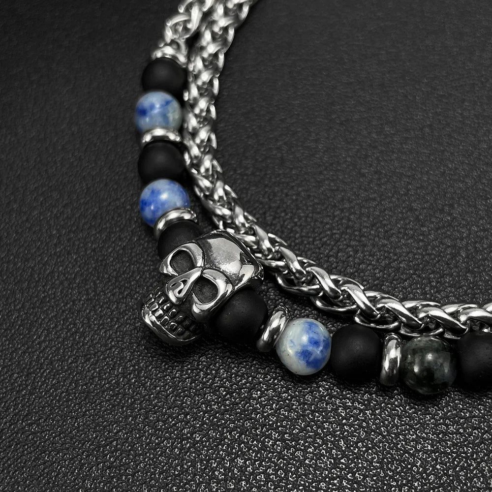 Men’s Skull Pendant Necklace – Stainless Steel Blue Dot Stone & Matte Beads Gothic Punk Jewelry