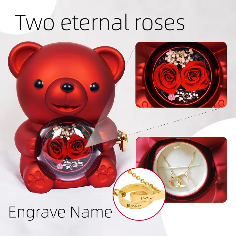 New Double Rose Eternal Rose Teddy Bear Jewelry Box with Custom Engraved Pendant Necklace – Perfect Valentine's Day Gift for Wom