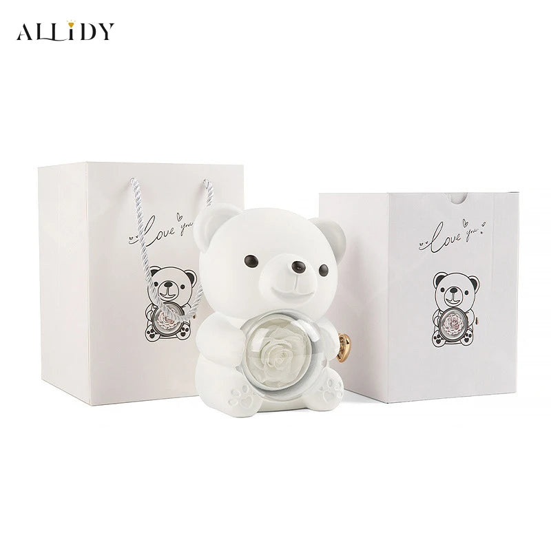 Real Preserved Eternal Rose Teddy/Hugging Bear Jewelry Storage Box Home Decoration Valentine's Day Gift Box