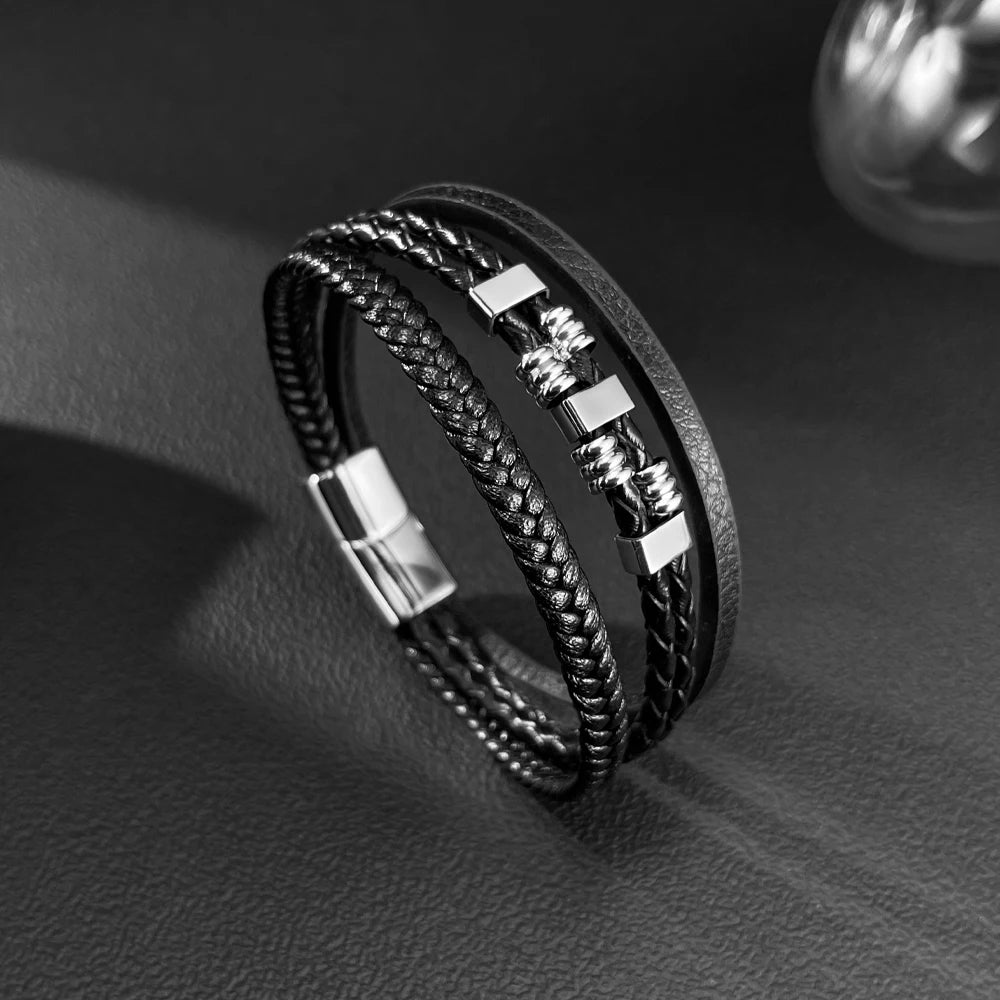 Men’s Vintage Braided Leather Bracelet – Multi-Layer Wristband with Stainless Steel, Casual Trendy Retro Style