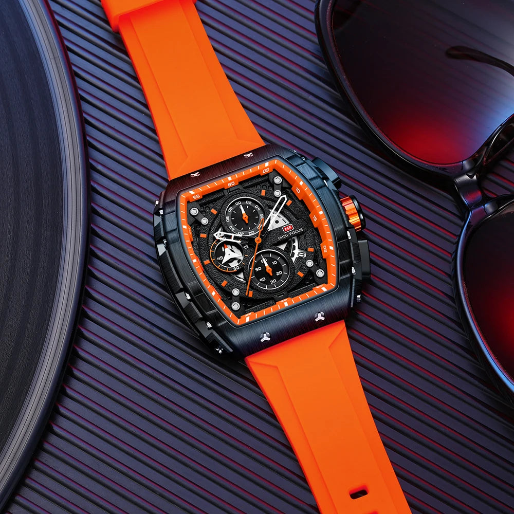 MINIFOCUS Luxury Men's Sports Watch Barrel Curved Glass Waterproof Luminous Automatic Analog Watch for Outdoor & Business