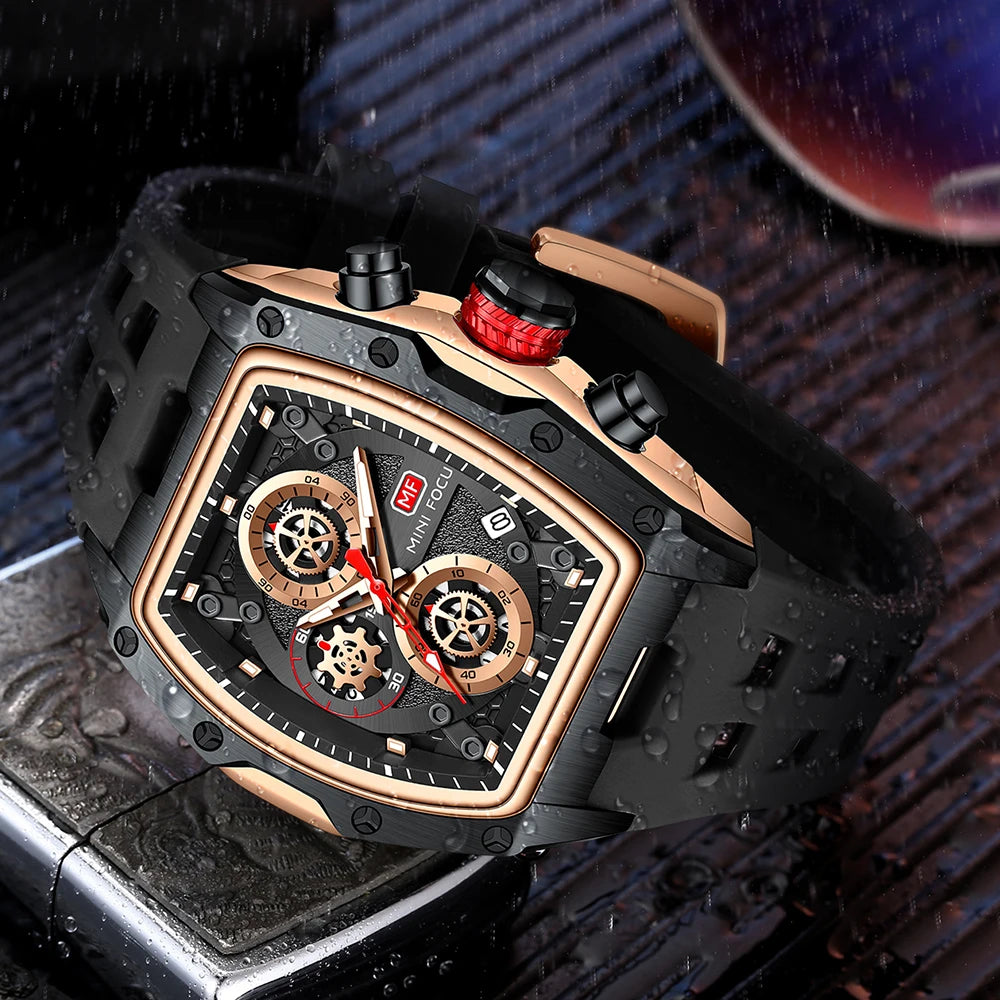MINIFOCUS Luxury Mens Racing Sports Watch Barrel Skeleton Dial Waterproof Luminous Wristwatch Outdoor Business Watch for Man