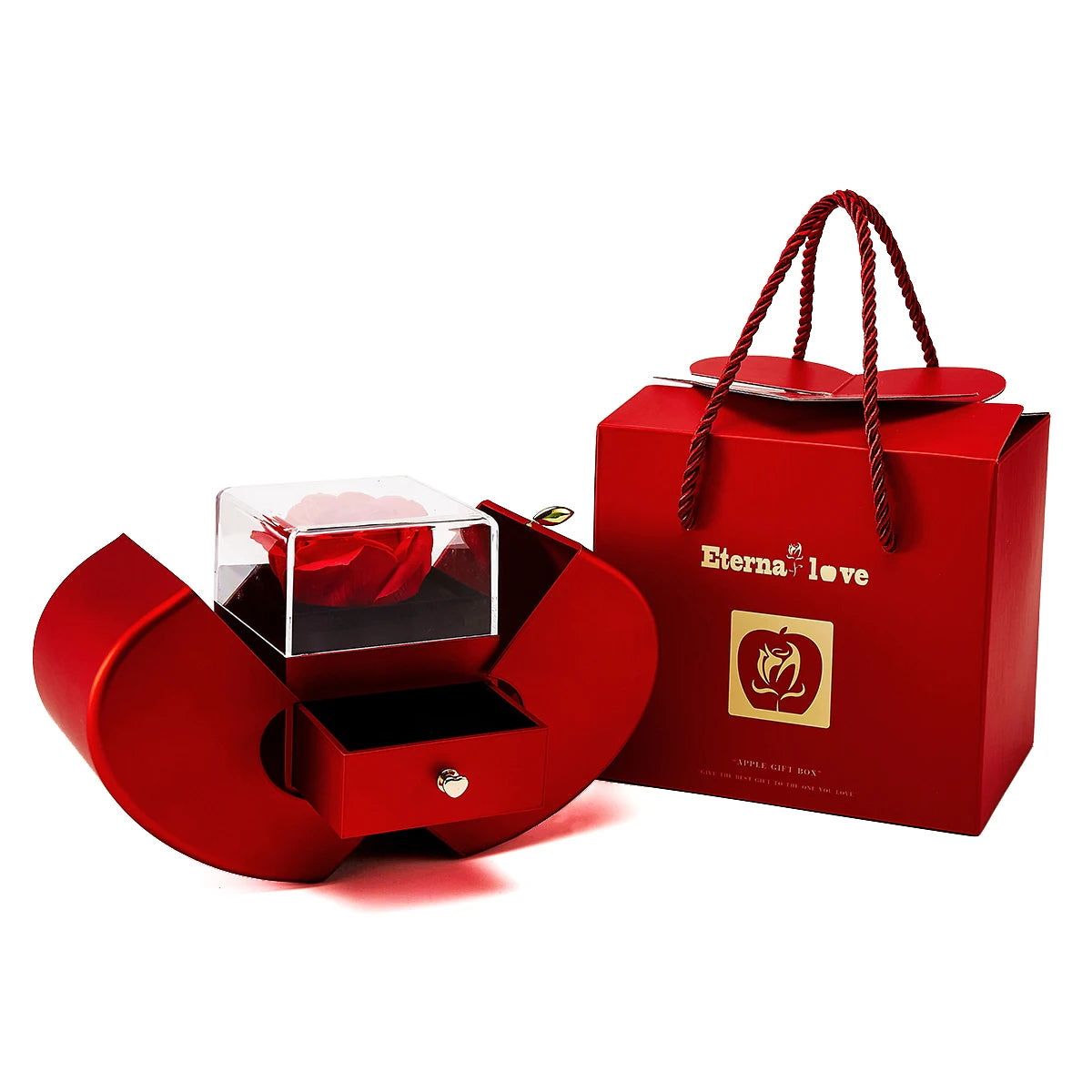 Creative Mother's Day Gift Set Eternal Rose Jewelry Box & Red Gemstone Stainless Steel Necklace Surprise Gift for Mom