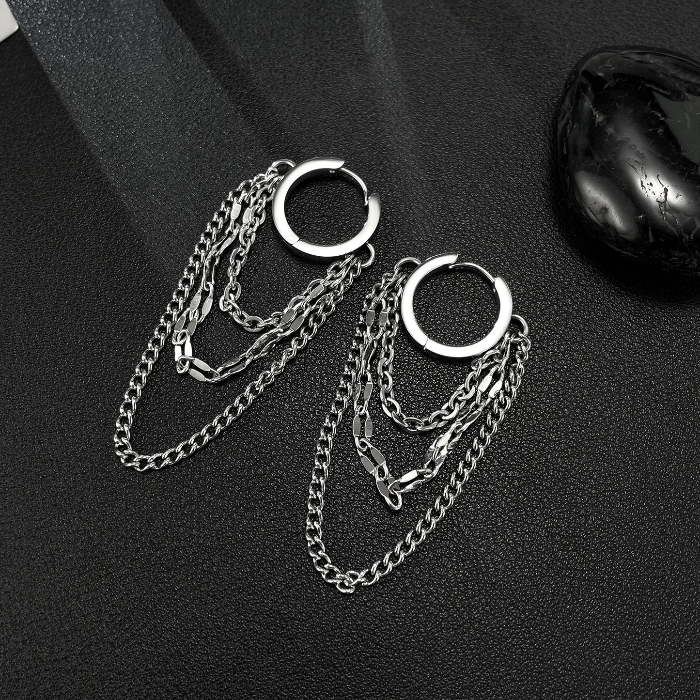 Men’s Stainless Steel Tassel Chain Stud Earring – Trendy Punk Style Titanium Steel Ear Accessory