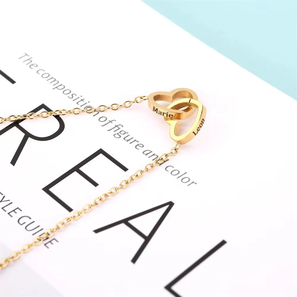 Personalized Custom Engraved Name Double Round Pendant Stainless Steel Necklace Valentine's Day Mother's Day Gift for Mom Her