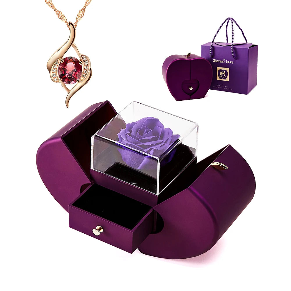 Creative Mother's Day Gift Set Eternal Rose Jewelry Box & Red Gemstone Stainless Steel Necklace Surprise Gift for Mom