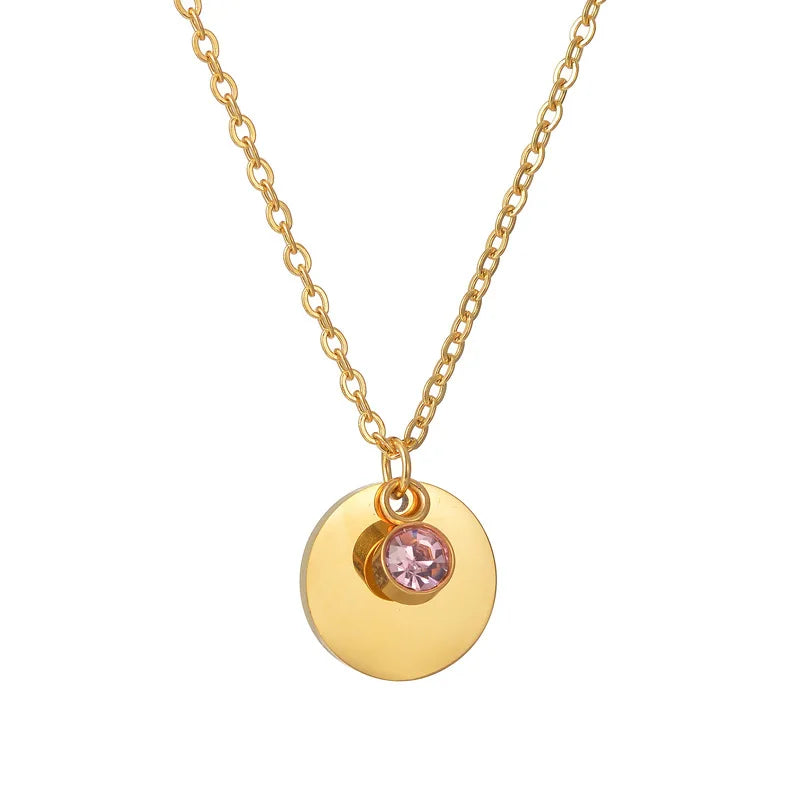 Stainless Steel Personalized Engraved Round Birthday Stone Pendant Necklace with Preserved Rose in Rotating Flower Gift Box