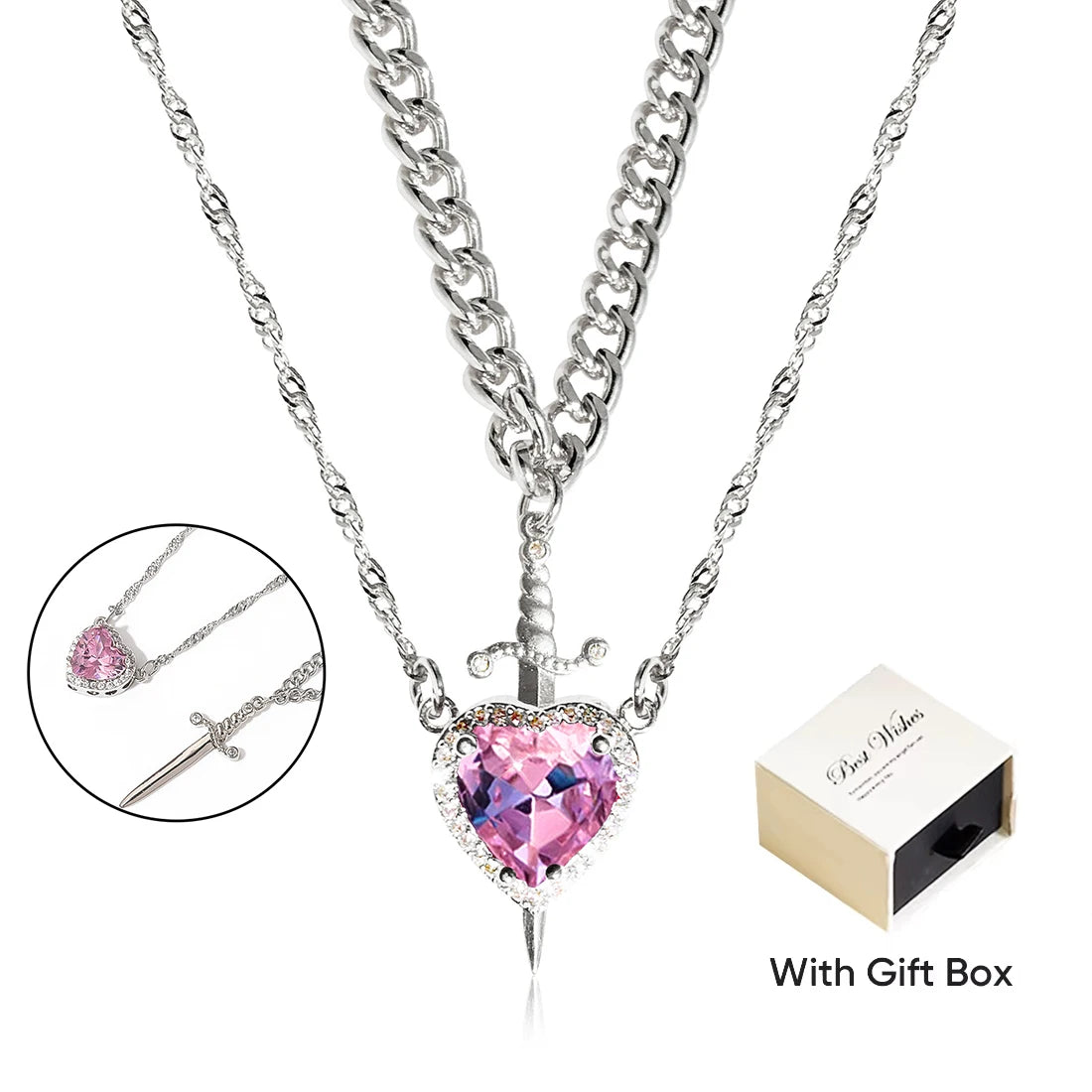 Heart and Sword Zircon Crystal Necklace 2pcs Women New Fashion Double Chain Pendant Female Mother's Day Gifts for Mom/Women