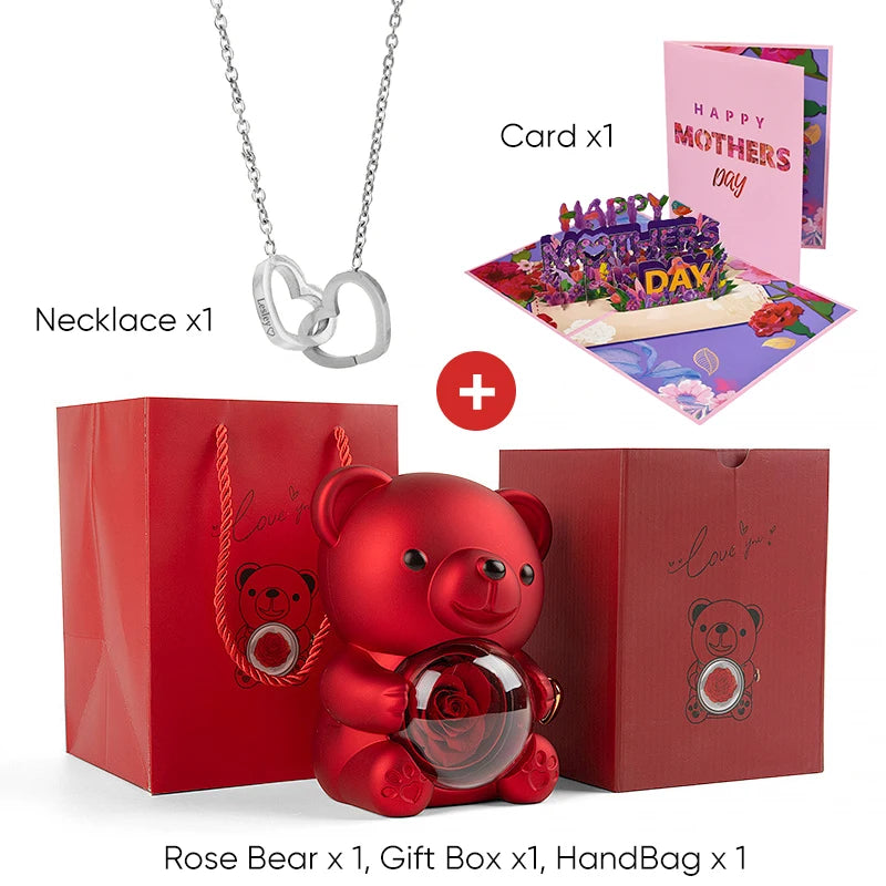 2025 New Beautiful 3D Mother's Day Card Roses Teddy Bear and Necklace Best Personalized Unique Mother’s Day Gifts for Mom