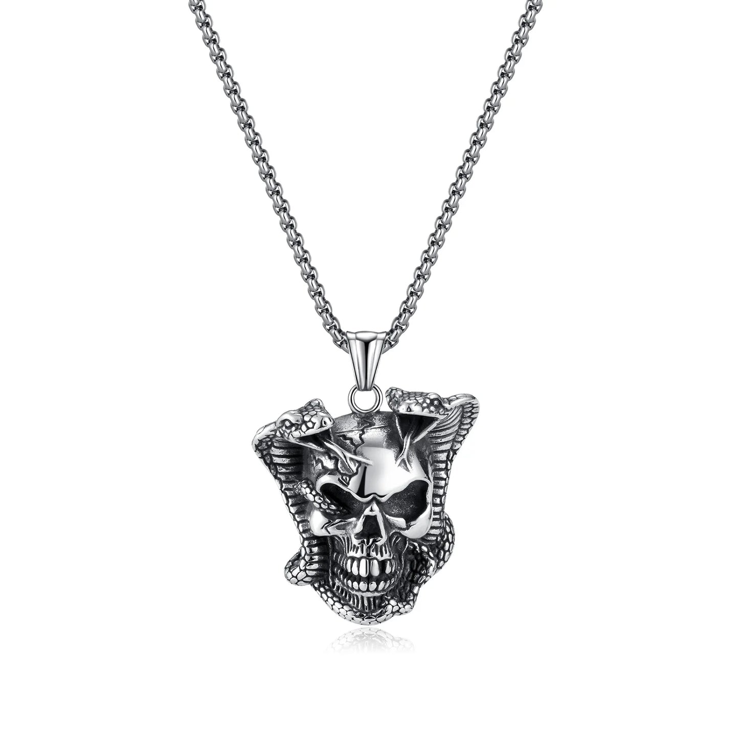 Men’s Snake Wrapped Skull Pendant Necklace – Vintage Gothic Stainless Steel Punk Jewelry