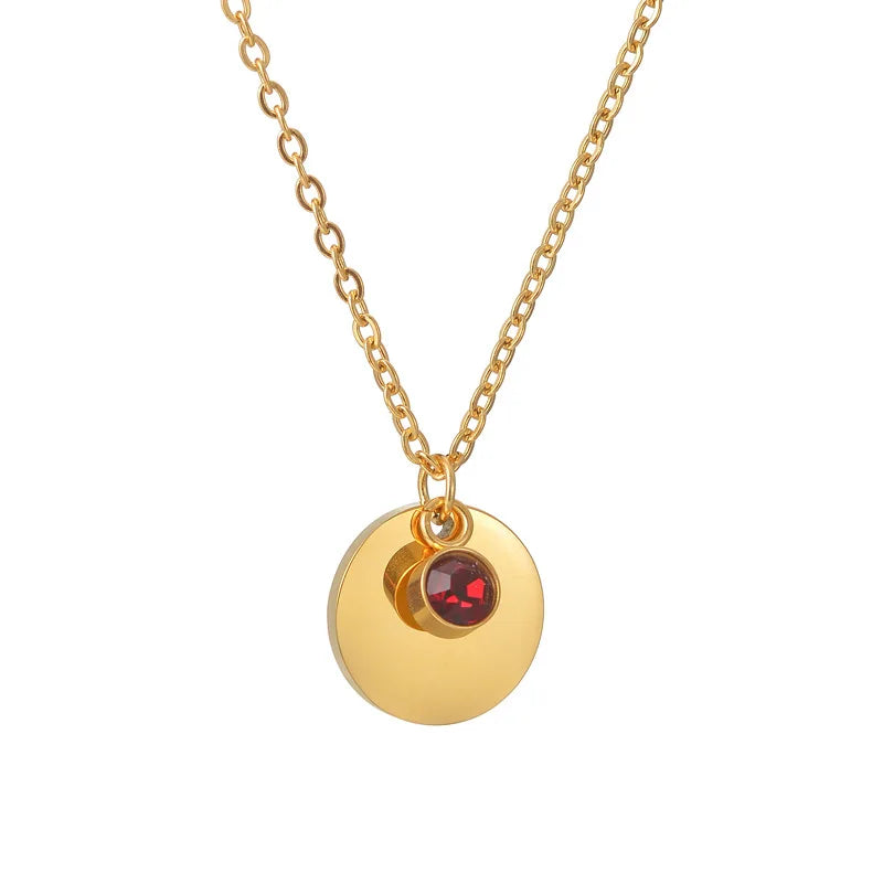 Stainless Steel Personalized Engraved Round Birthday Stone Pendant Necklace with Preserved Rose in Rotating Flower Gift Box