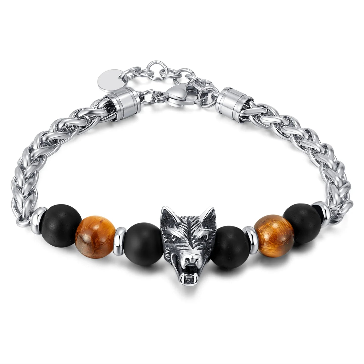 Men’s Stainless Steel Bracelet – Cross Chain with Skull / Wolf / Leopard Head & Tiger Eye Beads, Vintage Style