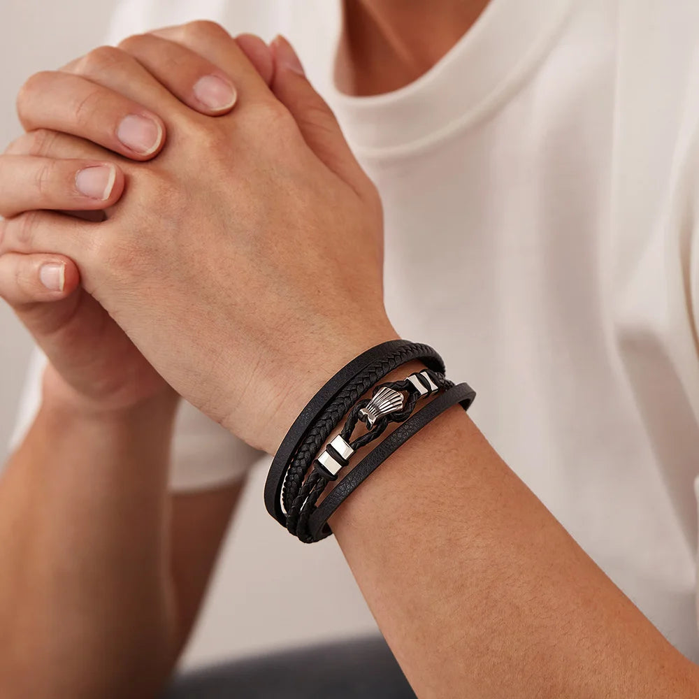 Men’s Punk Style Leather Bracelet – Multi-Layer Braided Wristband with Stainless & Titanium Steel, Bold Fashion Design