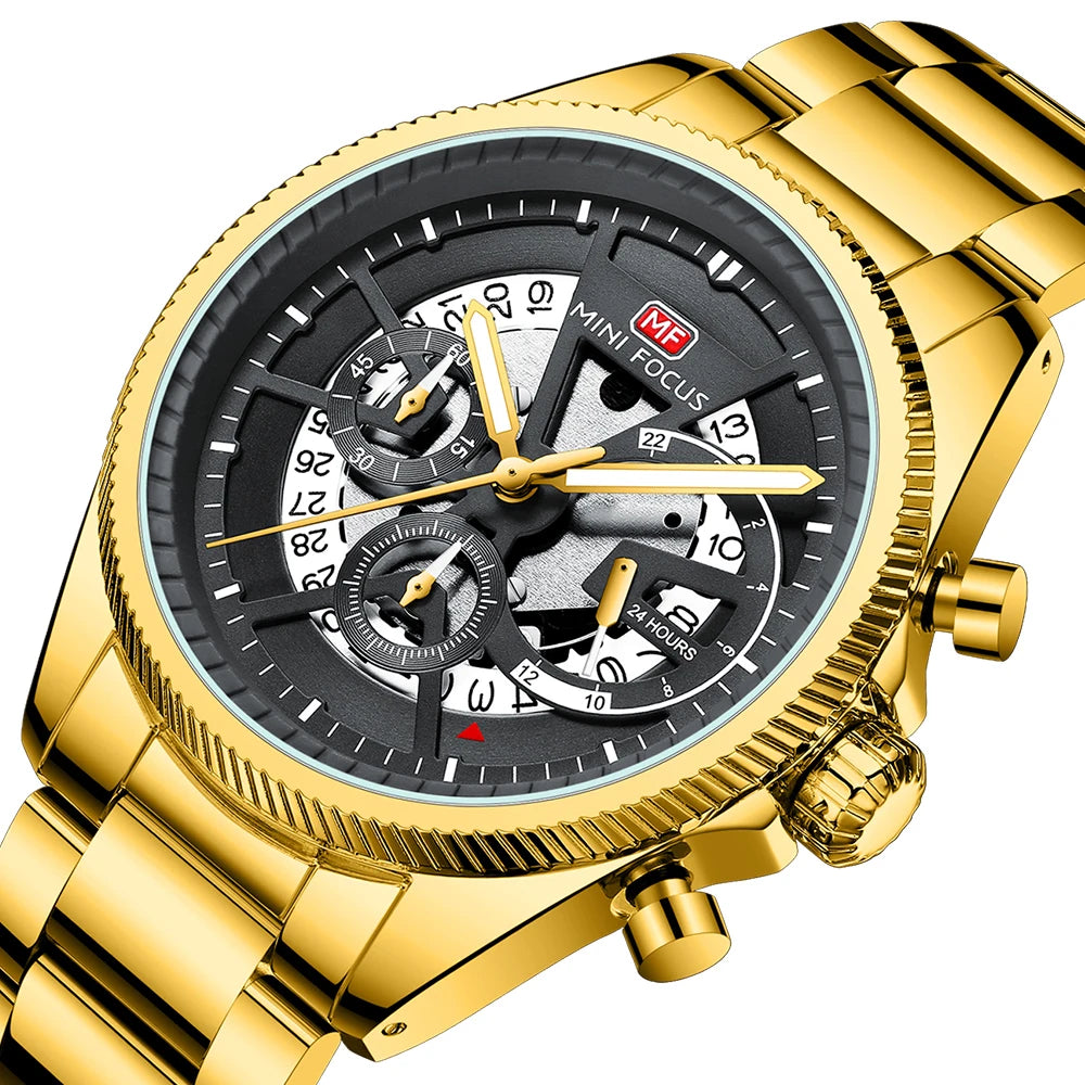 MINIFOCUS Men’s Skeleton-Style Quartz Watch Multifunction Waterproof Stainless Steel Business Sport Wristwatch Father’s Day Gift