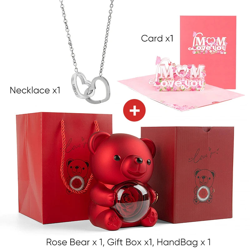 2025 New Beautiful 3D Mother's Day Card Roses Teddy Bear and Necklace Best Personalized Unique Mother’s Day Gifts for Mom