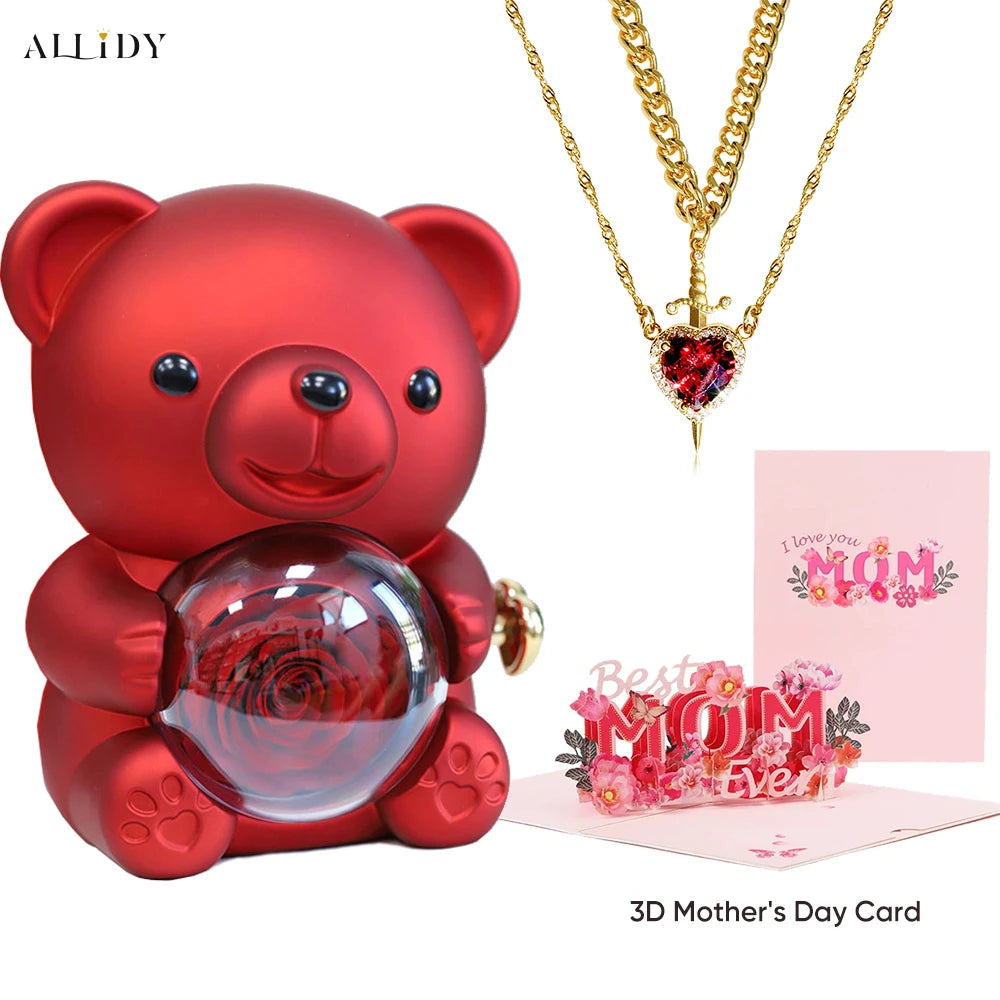 Mother's Day 3D Card Red Zircon Heart and Sword Necklace Double Necklace Real Rose Hug Bear Mothers Day Jewelry Gift Set for Mom