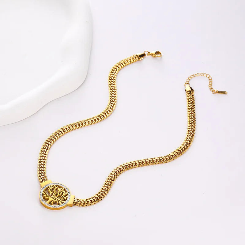 Vintage Fashion Life Tree Pendant Necklace Hollow Zircon Stainless Steel Necklace Bracelet Earrings Jewelry Set Women's