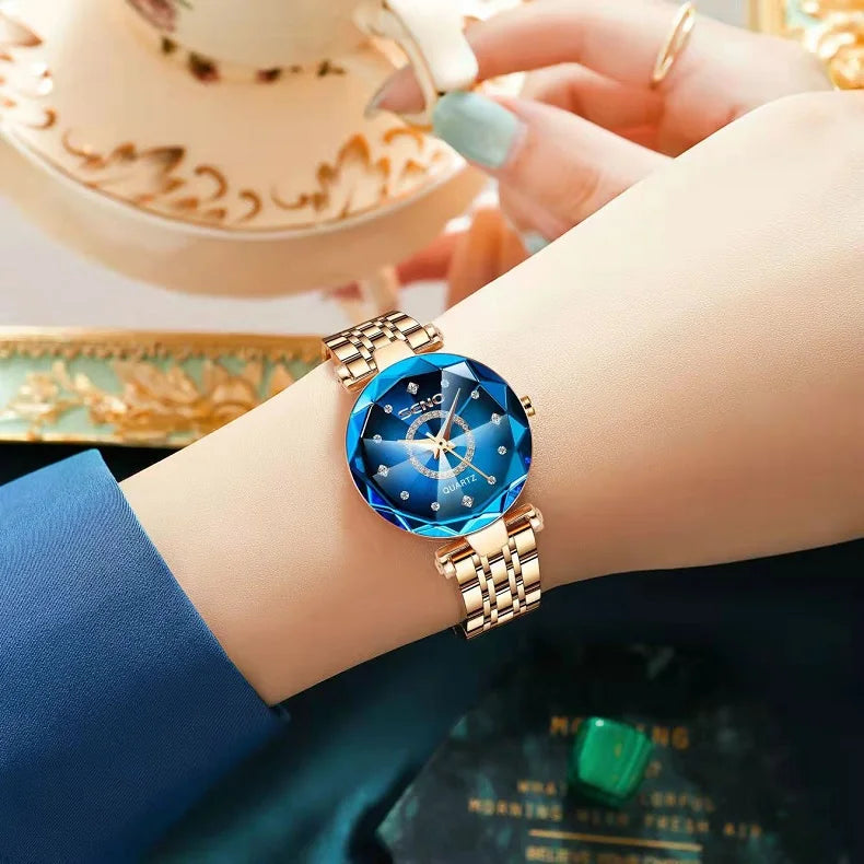 Fashion Ocean Star Women’s Watch Stainless Steel Band Gradient Glass Diamond Studded Dial Luxury Waterproof Luminous Timepiece