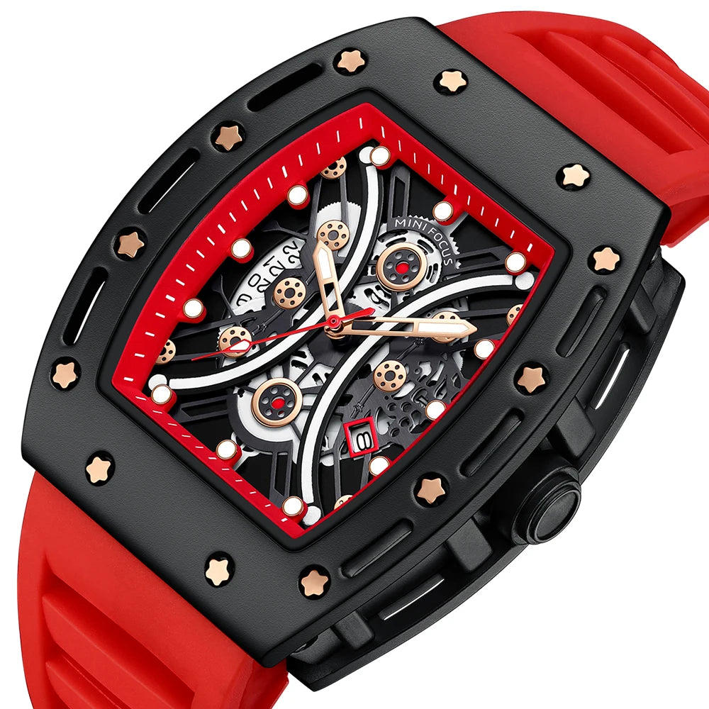 MINIFOCUS Men’s Hot Barrel‑Shaped Sport Watch Curved Glass Skeleton Dial Automatic Luminous Waterproof Watch Gift for Boyfriend