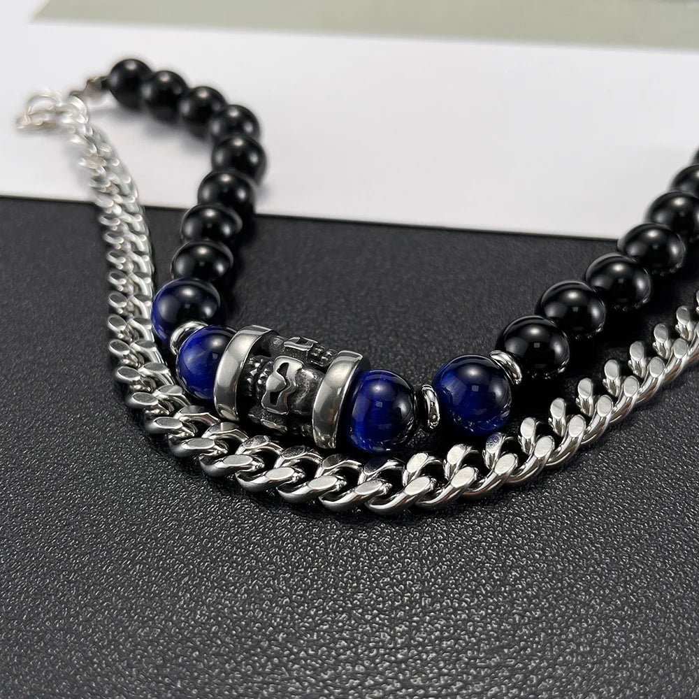 Men’s Double-Layer Cuban Chain Bracelet – Black Agate & Tiger Eye Beads, Stainless Steel Fashion Jewelry