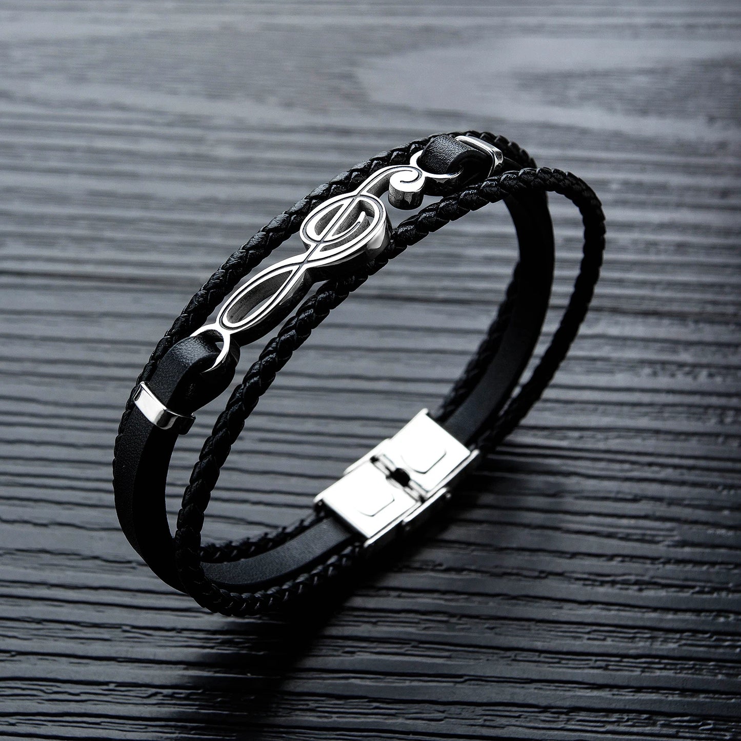 Men’s Music Note Leather Bracelet – Hip Hop Multi-Layer Braided Wristband, Trendy Punk Style Gift for Boyfriend