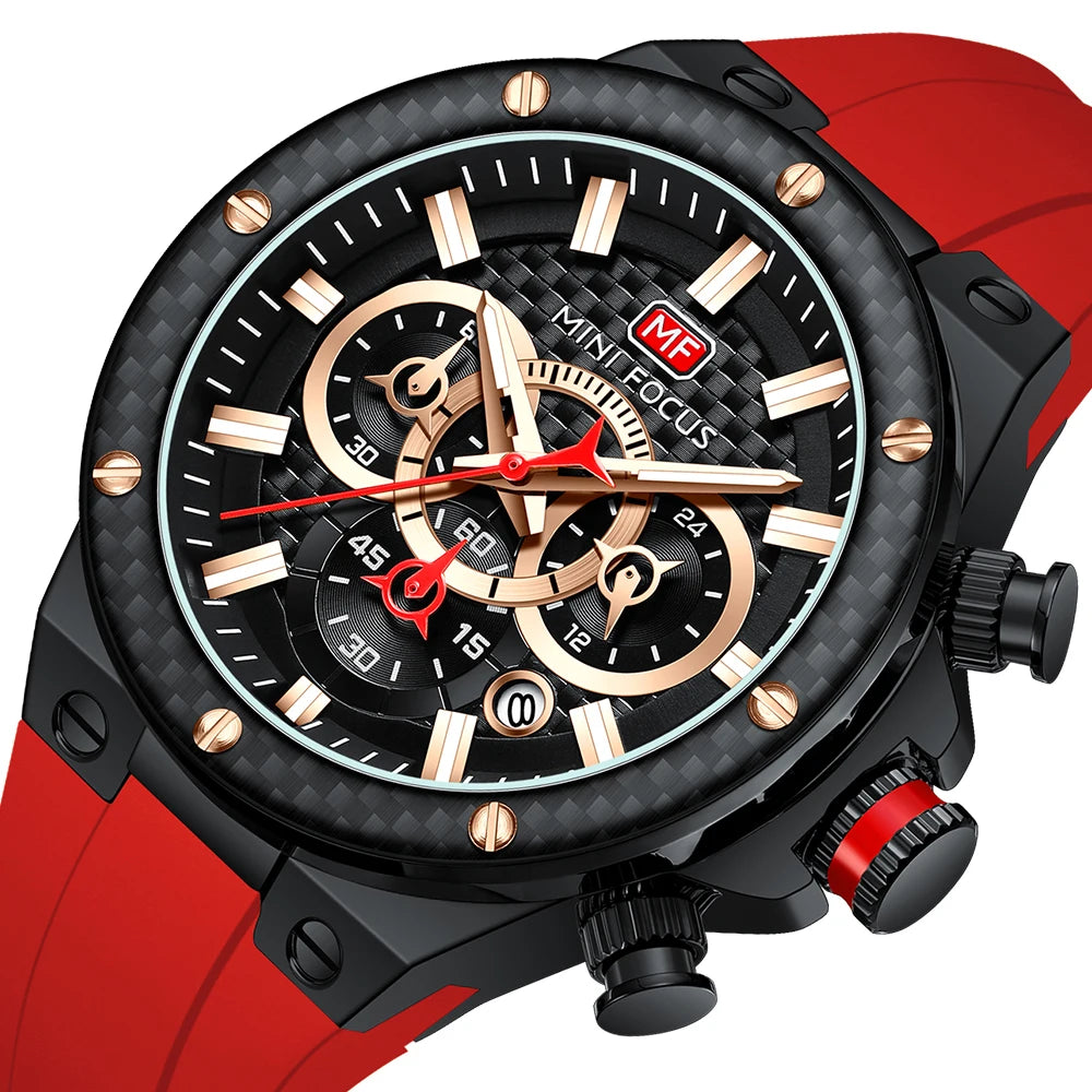 MINIFOCUS Men’s Sports Quartz Watch – Waterproof Chronograph Carbon Fiber Bezel Luminous Hands Multifunction Outdoor Timepiece