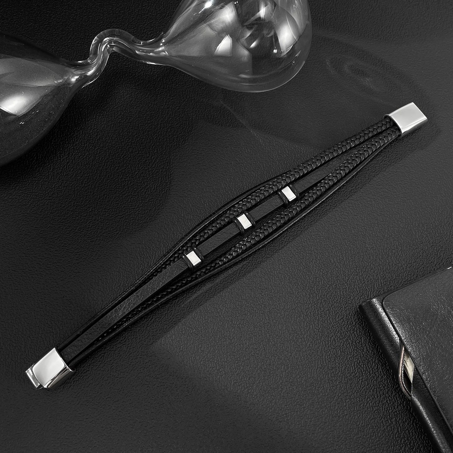 Men’s Multi-Layer Braided Leather Bracelet – Minimalist Stainless & Titanium Steel Wristband, Casual Versatile Style