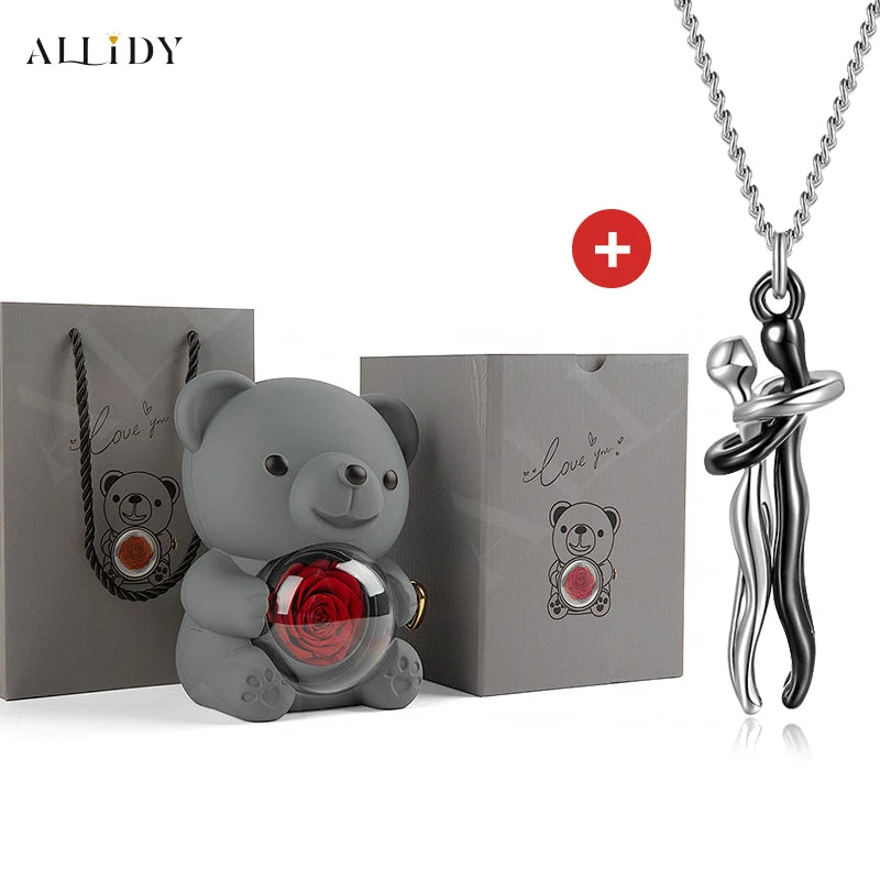 Hip Hop Embrace Couple Pendant Necklace Adjustable Hugging Pendant Necklace and Eternal Rose Bear Jewelry Box Valentine Day Gift