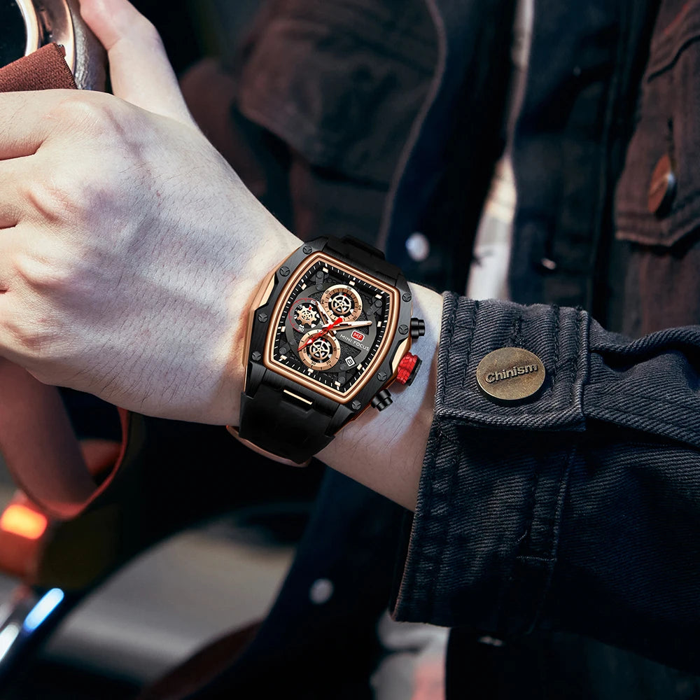 MINIFOCUS Luxury Mens Racing Sports Watch Barrel Skeleton Dial Waterproof Luminous Wristwatch Outdoor Business Watch for Man
