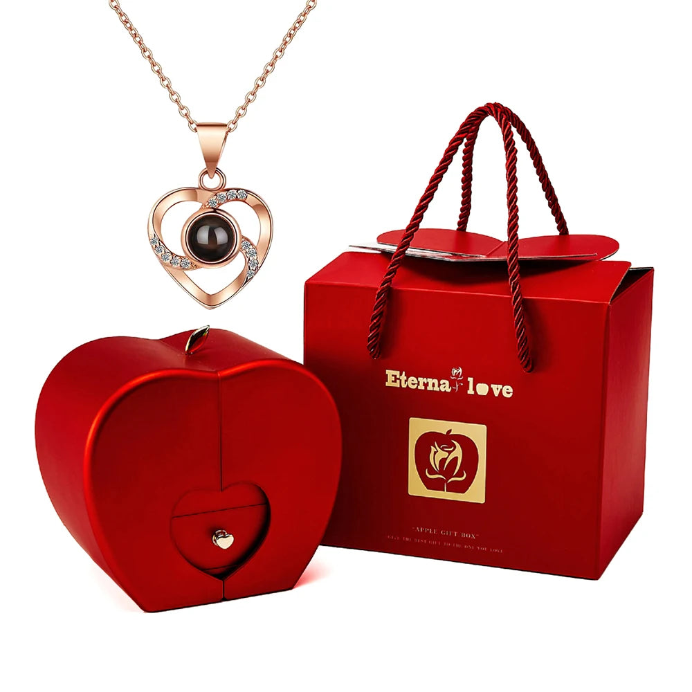Mother’s Day Jewelry Gift Set – 100 Languages I Love You Projection Heart Necklace with Eternal Apple Flower Gift Box for Mom